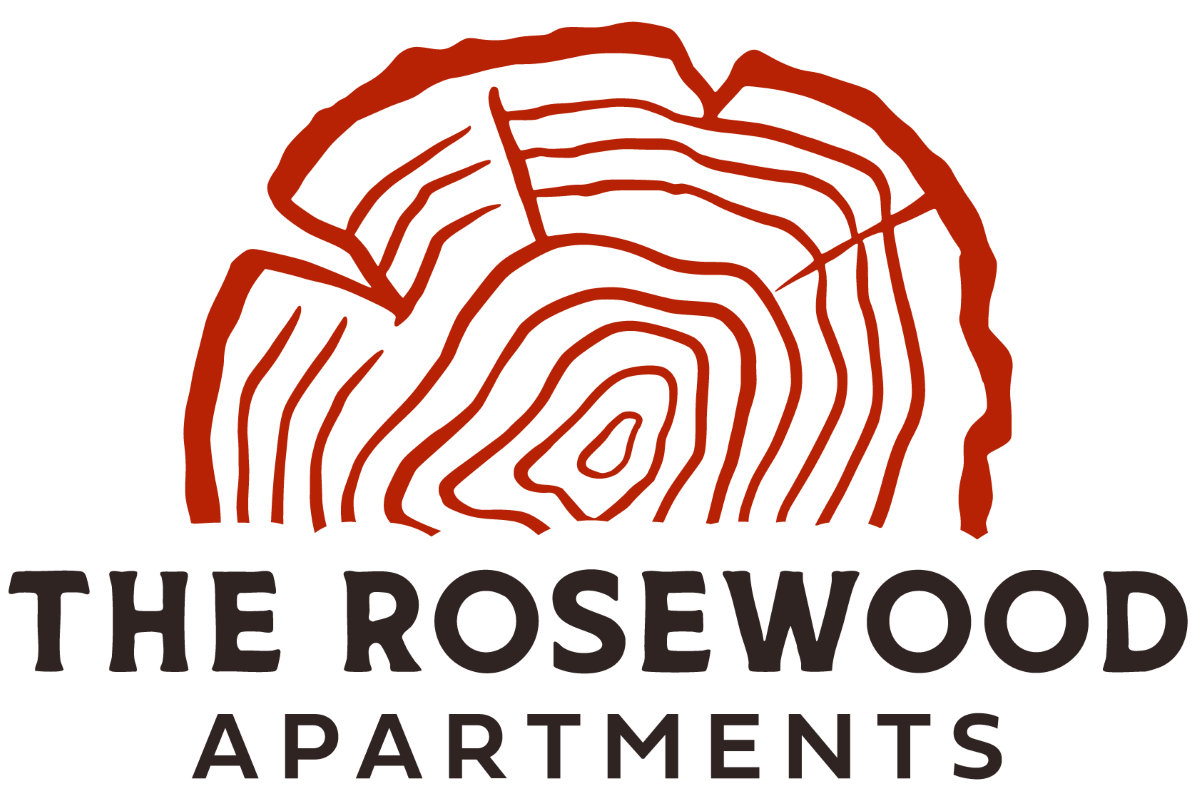 The Rosewood Apartments logo consists of a tree stump design.